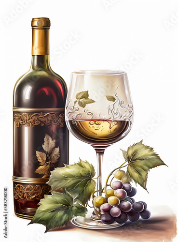 Bottle of wine and grapes. A painting of a bottle of wine and a glass of wine. Generative AI