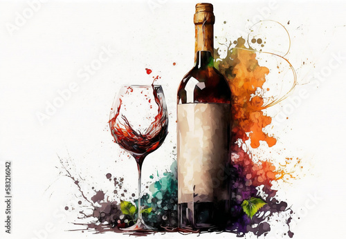 Bottle of wine and grapes. A painting of a bottle of wine and a glass of wine. Generative AI