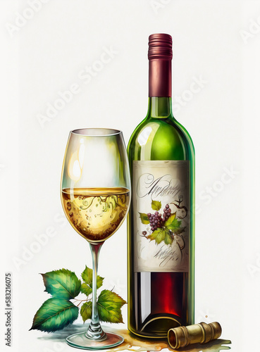 Bottle of wine and grapes. A painting of a bottle of wine and a glass of wine. Generative AI