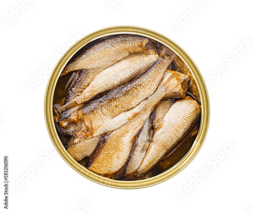 Photography Sprats, smoked canned fish in oil, in open tin can opened without a lid, isolate
