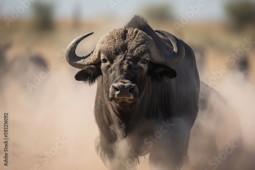 A cape buffalo squints against blowing dust photo