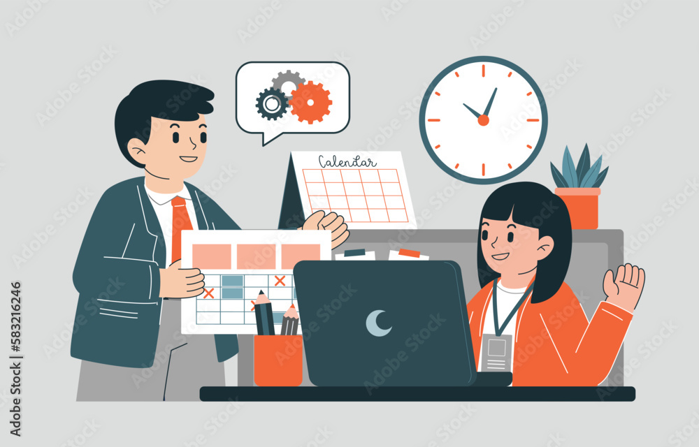 Male And Female Discuss About Business Plan And Timeline In Office, Vector, Illustration Male And Female Discuss About Business Plan And Timeline In Office, Vector, Illustration