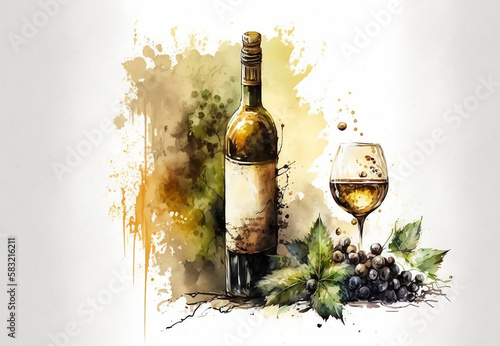 Bottle of wine and grapes. A painting of a bottle of wine and a glass of wine. Generative AI