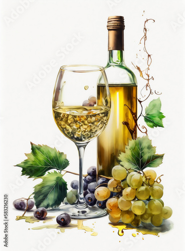 Bottle of wine and grapes. A painting of a bottle of wine and a glass of wine. Generative AI