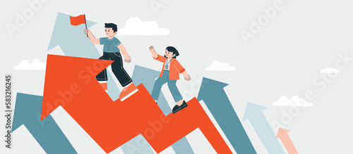 Man And Woman Walk On Arrow Up to Succesful Business Goal, Vector, Illustration