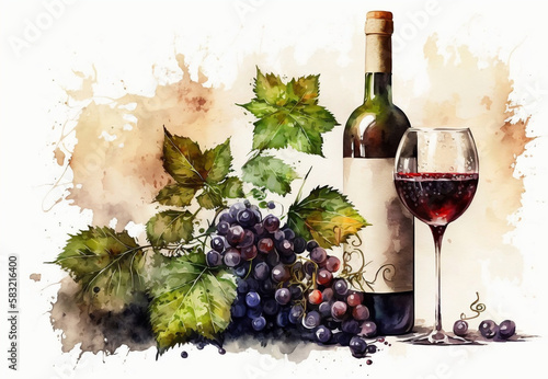 Bottle of wine and grapes. A painting of a bottle of wine and a glass of wine. Generative AI