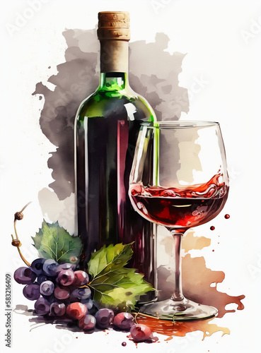 Bottle of wine and grapes. A painting of a bottle of wine and a glass of wine. Generative AI