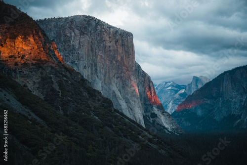 Yosemite Tunnel View El Capitan Sunset Red Glow Streak California Cloudy Stormy