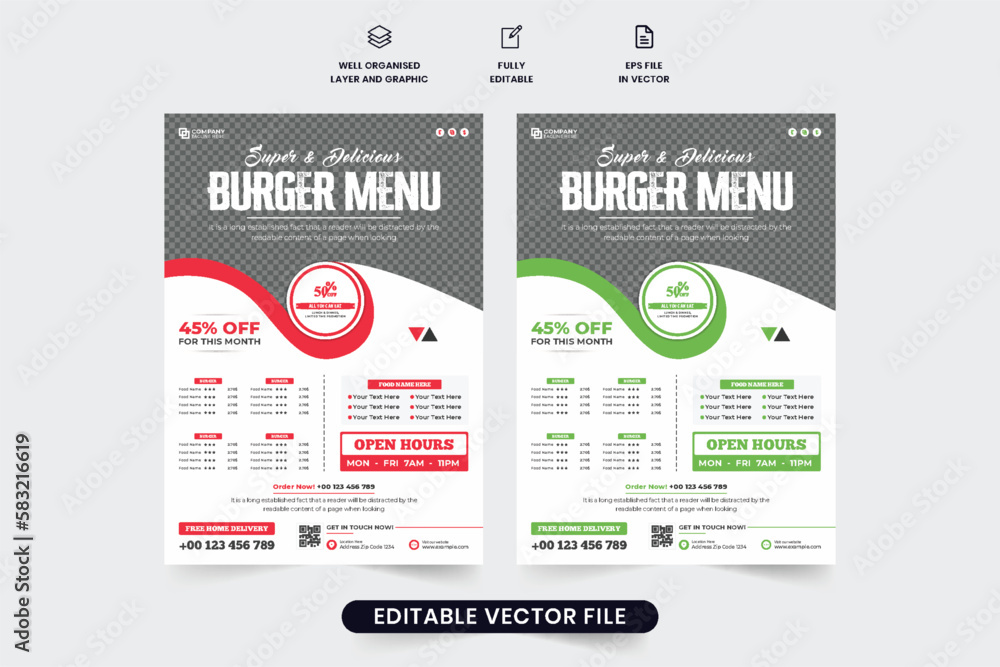 Culinary food menu promotional flyer template with red and green colors ...