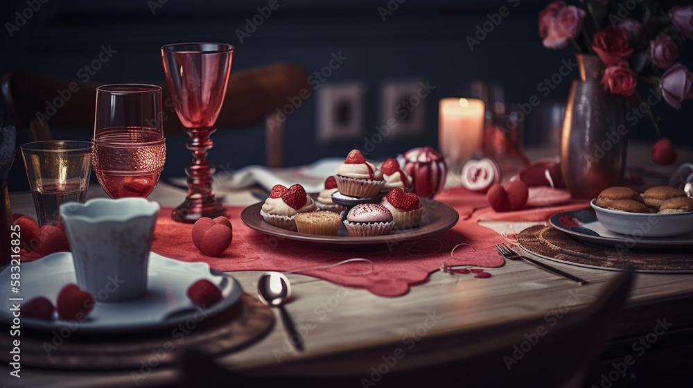 Valentine's Day romantic dinner with cupcakes and candies.generative ai