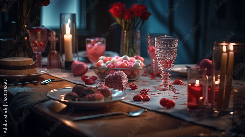Valentine's Day romantic dinner with cupcakes and candies.generative ai