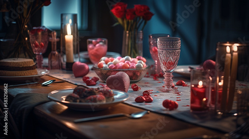 Valentine s Day romantic dinner with cupcakes and candies.generative ai