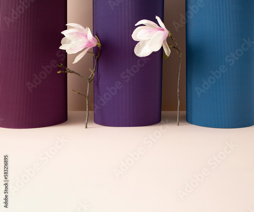 Three corrugated cardoard columns with two fresh magnolia branches with flowers in between. Minimal spring concept. photo