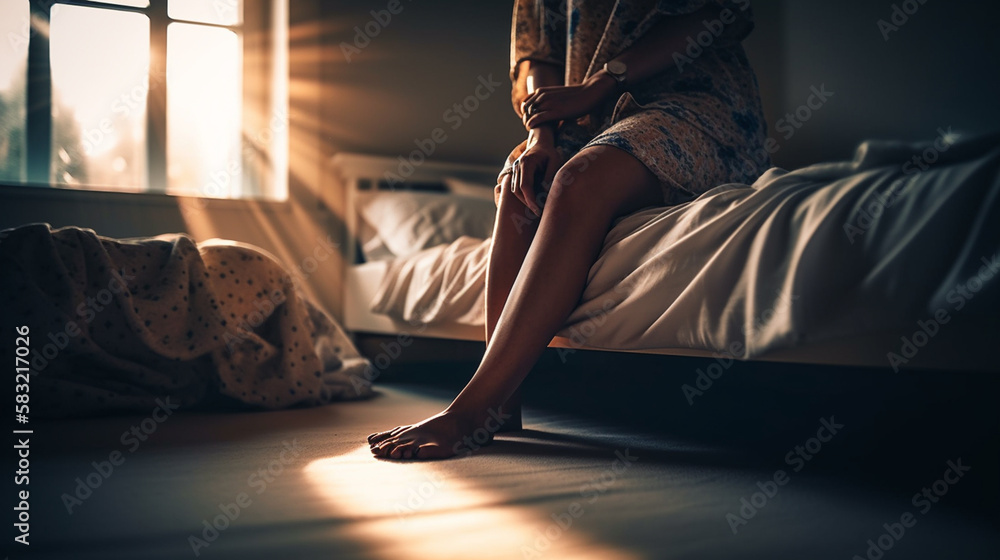 Close-up of feet of a young woman in sneakers lying on the bed.generative ai Close-up of feet of a young woman in sneakers lying on the bed.generative ai