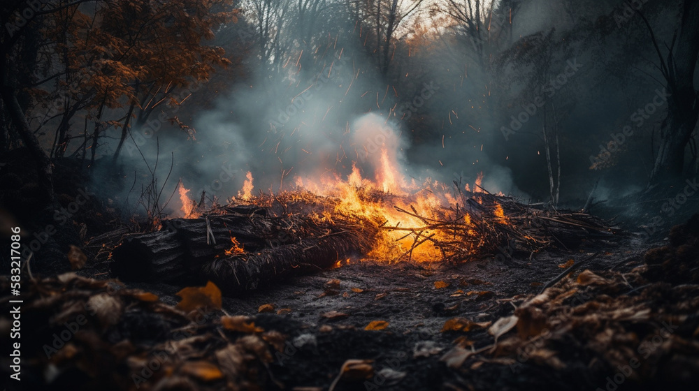 Forest fire in the forest. Burning dry grass and trees in the dark forest.generative ai