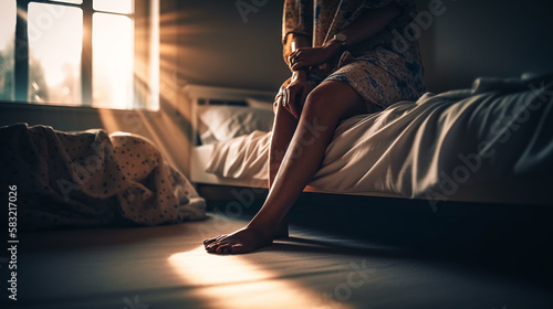 Close-up of feet of a young woman in sneakers lying on the bed.generative ai