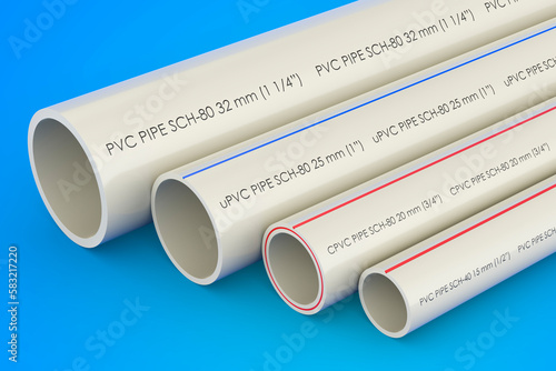 PVC pipes, composite pipe, uPVC pipe, cPVC pipe on blue background, 3D rendering
