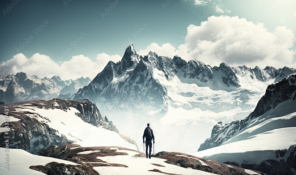 a man standing on top of a snow covered mountain next to a forest ...