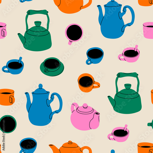 Various cups, mugs and teapots with fresh hot tea. Hand drawn colorful Vector illustration. Natural tasty drink, tea party, ceremony, hot healthy beverage concept. Square seamless Pattern