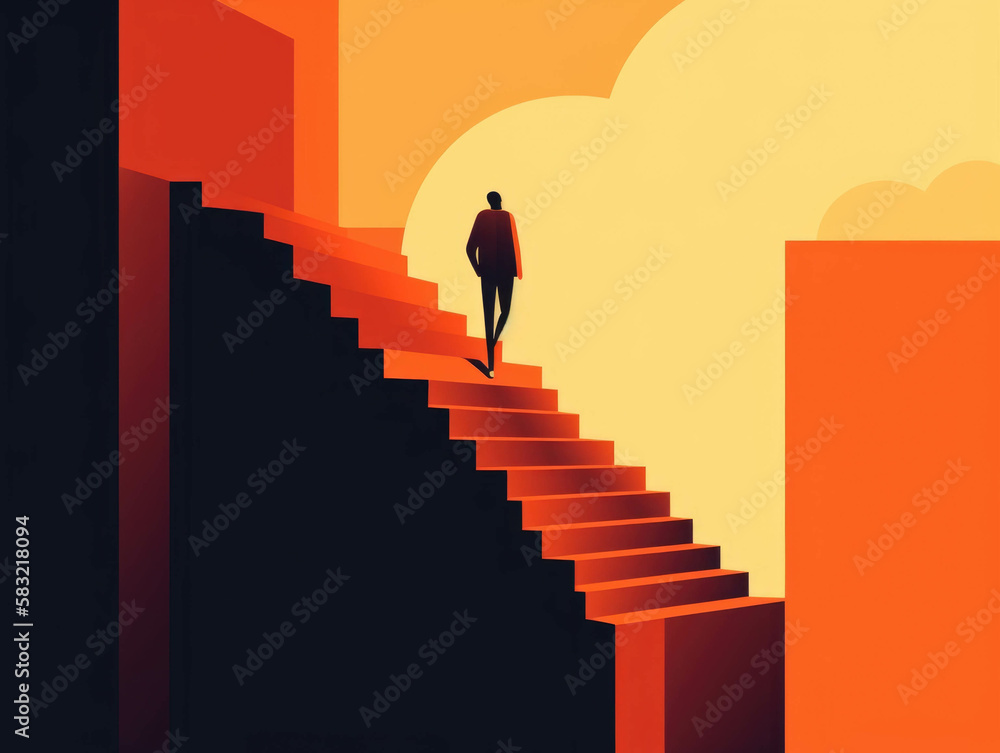 A solitary figure on a journey climbing the stairs of success. AI generation.