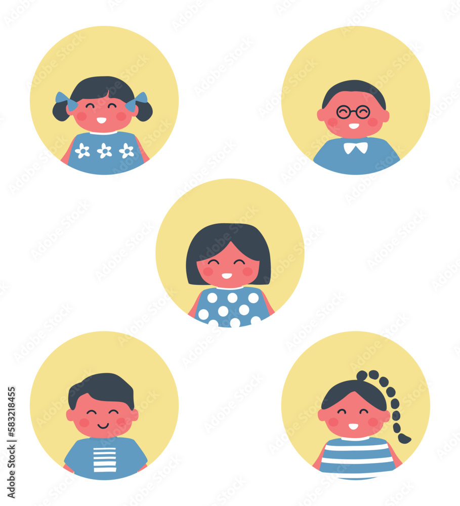 children icons set. Five different images of children. Baby girls and baby boys. Portraits. Cute cartoon characters. Vector illustration children icons set. Five different images of children. Baby girls and baby boys. Portraits. Cute cartoon characters. Vector illustration