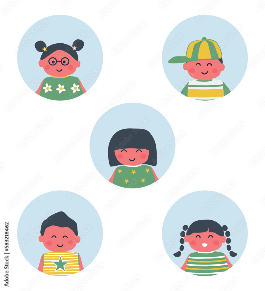 Set of children icons. Five different images of children. Baby girls and baby boys. Cute cartoon characters. Vector illustration Set of children icons. Five different images of children. Baby girls and baby boys. Cute cartoon characters. Vector illustration