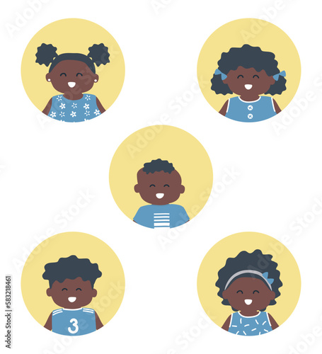 children icons set. Five different images of black children. Baby girls and baby boys. Portraits. Cute cartoon characters. Vector illustration