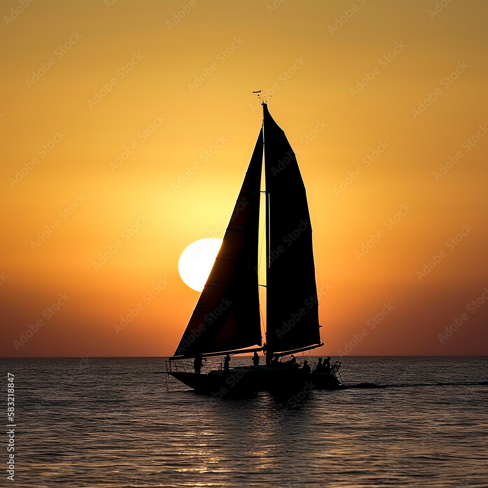 sunset, boat, sailboat, sea, sailing, sail, yacht, water, ocean, sun, ship, summer, travel, sky, silhouette, nature, sunrise, orange, sport, horizon, tropical, landscape, tourism, generative, ai