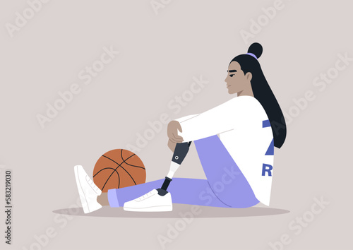A young female Asian basketball player with a prosthetic leg sitting on a floor