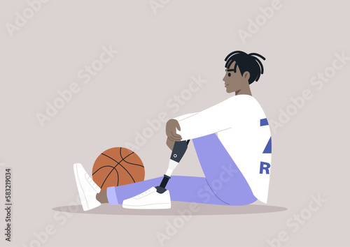 A young male African basketball player with a prosthetic leg sitting on a floor