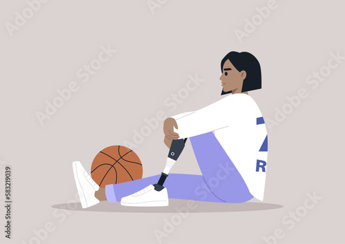 A young female Caucasian  basketball player with a prosthetic leg sitting on a floor