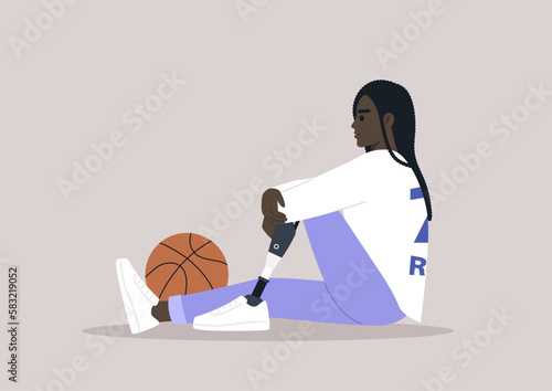 A young female African basketball player with a prosthetic leg sitting on a floor