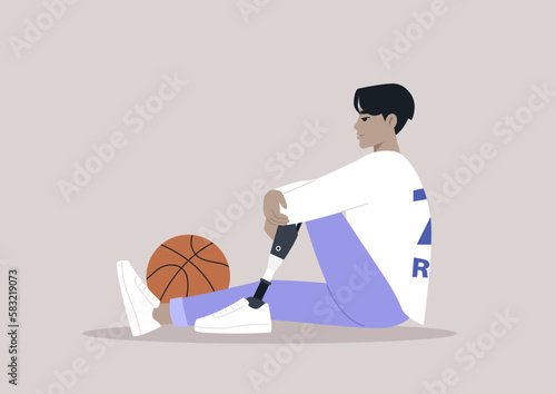 A young male Asian basketball player with a prosthetic leg sitting on a floor