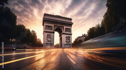Arc de Triomphe  Paris. Incredibly beautiful and romantic France. Generative AI