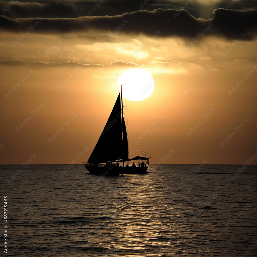 sunset, boat, sailboat, sea, sailing, sail, yacht, water, ocean, sun, ship, summer, travel, sky, silhouette, nature, sunrise, orange, sport, horizon, tropical, landscape, tourism, generative, ai