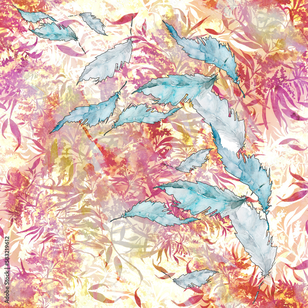 Seamless vintage pattern, feather, flowers,Plant in watercolor. Mimosa, acacia and other plants on a branch. Blossoming acacia or caragana tree. Fashionable background. Abstract splash of paint. 