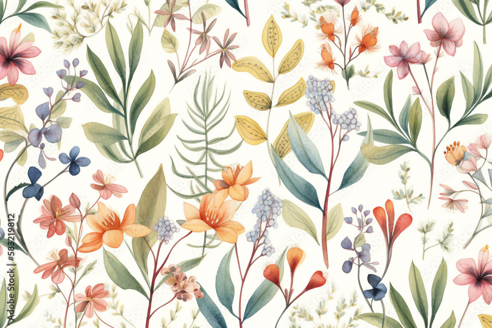 Botanical watercolor wallpaper pattern. generative ai Botanical watercolor wallpaper pattern. generative ai