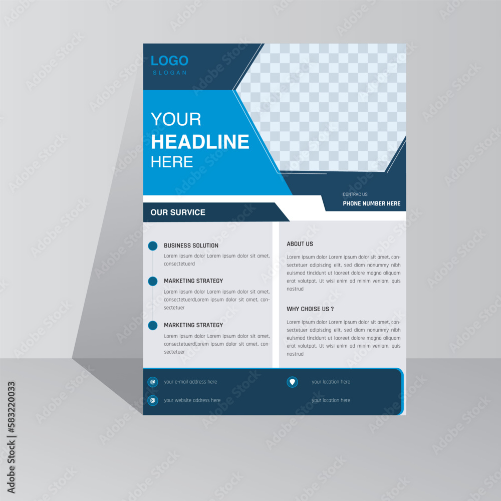 unique corporate flyer . flyer template . design. layout, 
cover, blue and white , infographic and illustration.