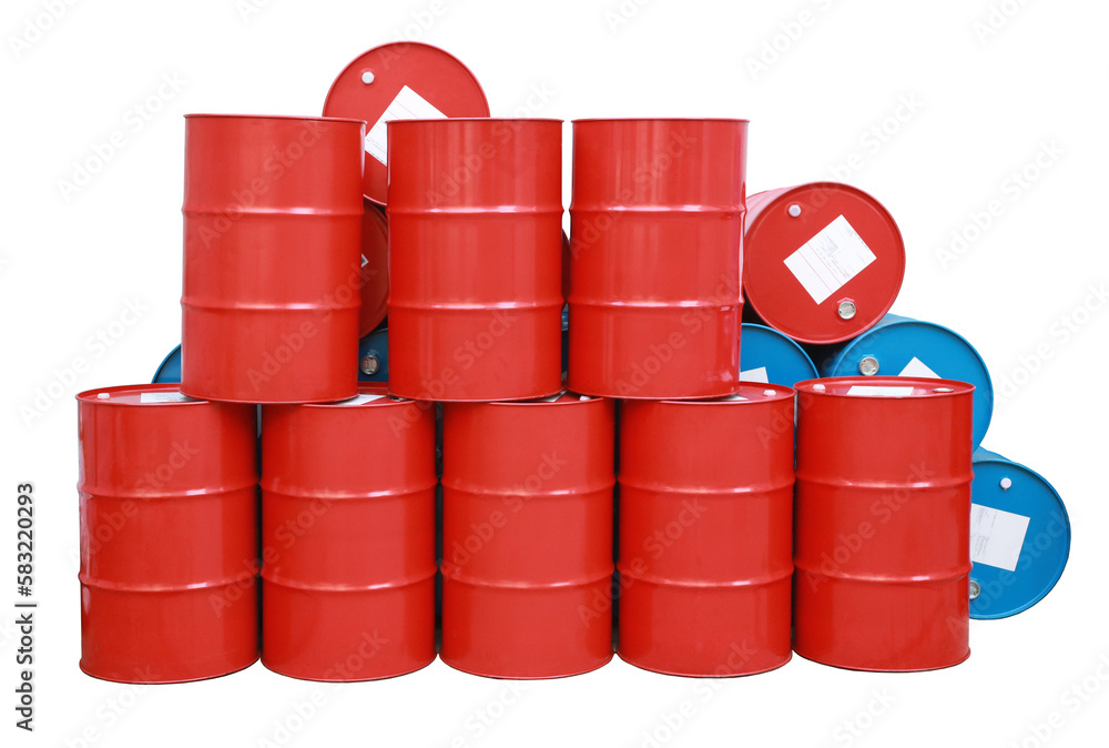 Red blue barrel oil. Steel drum. Industry oil barrels, isolated background. Red blue barrel oil. Steel drum. Industry oil barrels, isolated background.