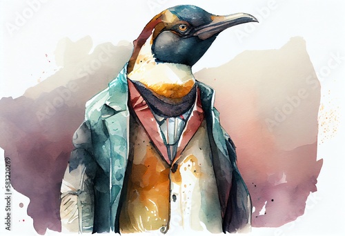 Watercolor Illustration of a Penguin Wearing Clothes, Surreal Hybrid Creature In Studio Setting, Fanatsy Animal, Illustration. Generative AI