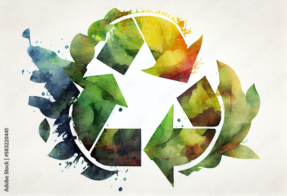 Watercolor Illustration of a Reduce, Reuse, Recycle Icon Symbol On Leaf ...