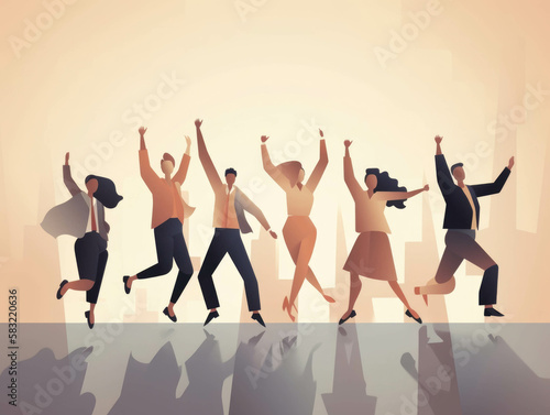 A group of happy business men and women jump in celebration after a successful project.. AI generation.
