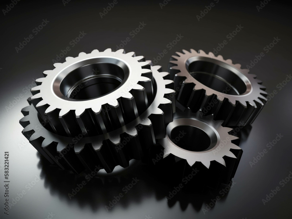 Three gear cogs turning together signifying the mutual success of ethical practices and corporate performance.. AI generation.