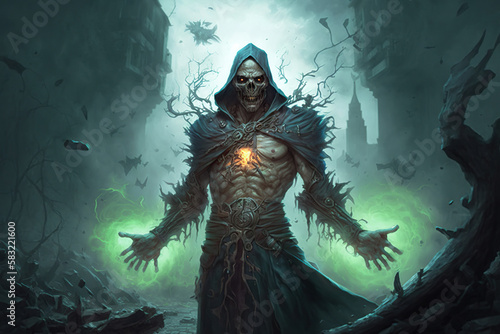 A sinister devastated necromancer in a spiked hood and a torn cloak over hundreds of rising zombie on the battlefield among the ruins art