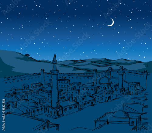 Vector drawing. Ancient eastern town