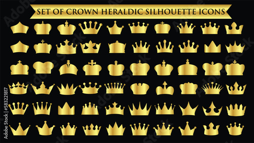 Set of golden crown icons. Royals crown symbol collection. Crown gold icons set. Golden crown silhouettes. vector illustration