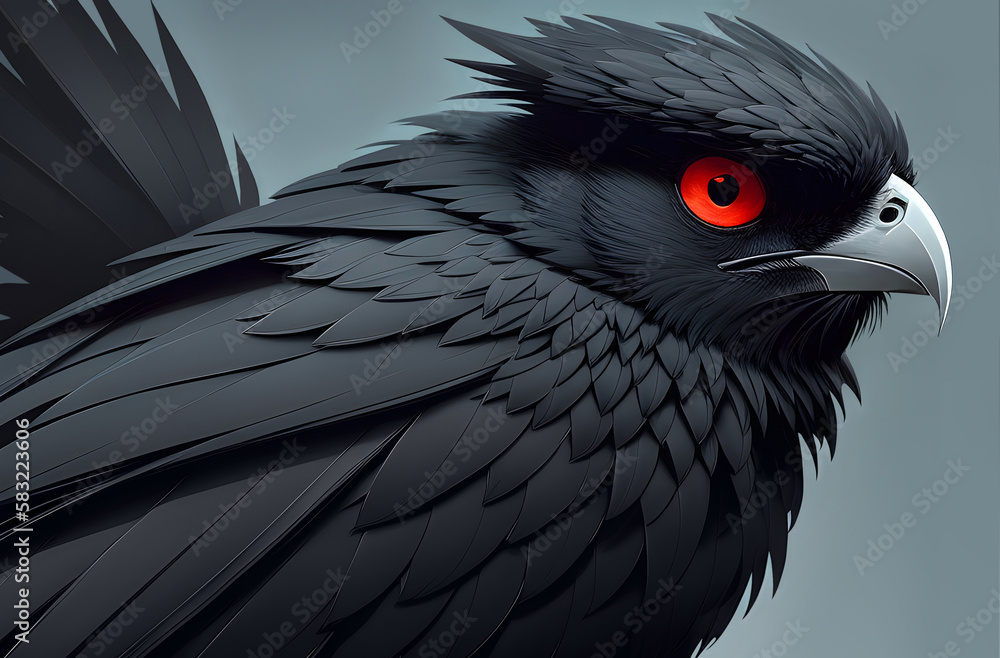 Fototapeta premium Dark evil bird with crest on head and red eyes, side view, close up, cartoon art.