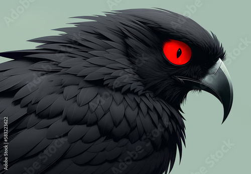 Black evil bird with red eyes, side view, close up, cartoon art.