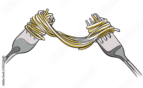 vector hand drawn illustration of italian cuisine. yummy pasta on spoons (carbonara, spaghetti bolognese, pasta penne arrabiata, fusilli pasta bolognese)