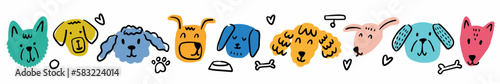 Vector, horizontal pattern with the faces of different dogs, hand-drawn in the style of a doodle	
